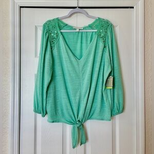NWT Juniper + Lime Top Women’s XL Green Crochet Lace Tie Front Boho Cottagecore